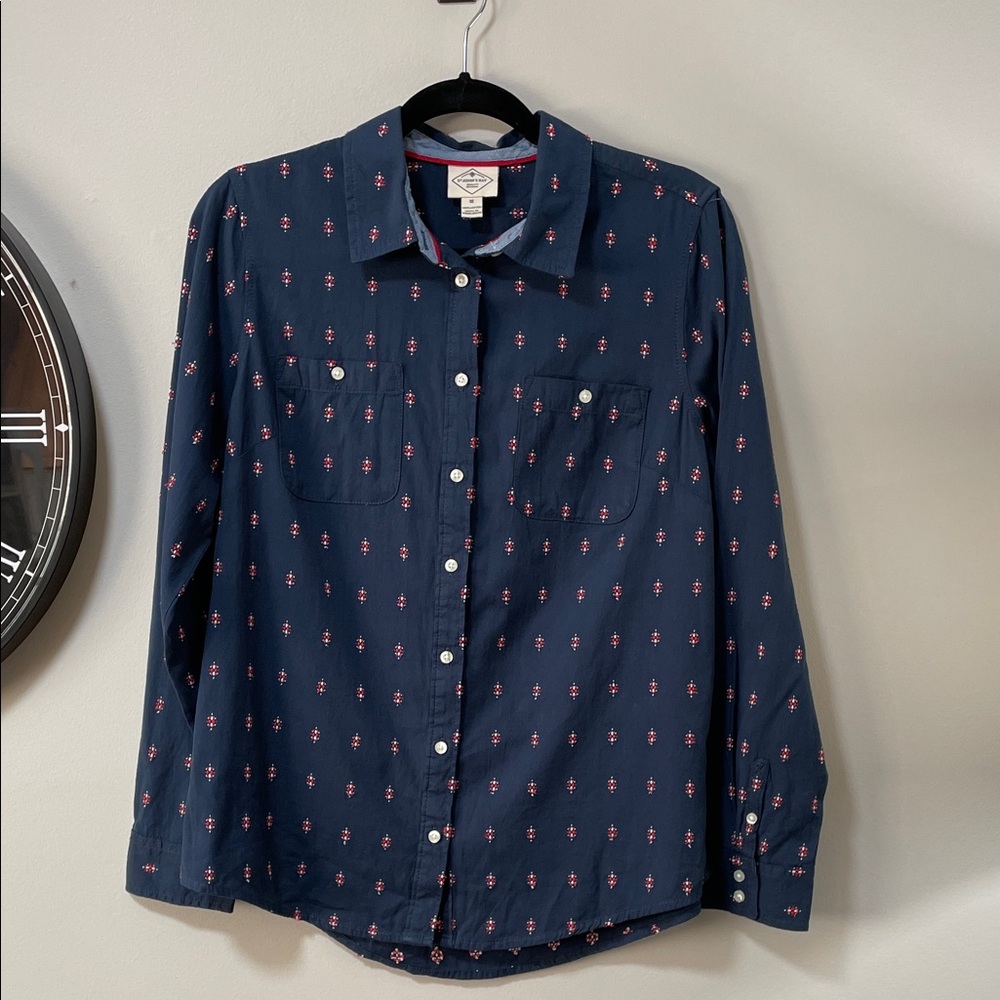 St. John's Bay Navy Blue Button-Down Shirt with Red Pattern
